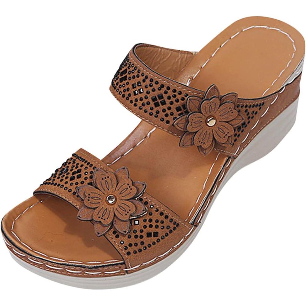 image:imageMules en Cuir pour Femme Sandales Mode Bout Ouvert Compenses Plateforme Pantoufles Premium Orthopdiques Sandales Vintage Chaussons de Plage dt09 Brun
