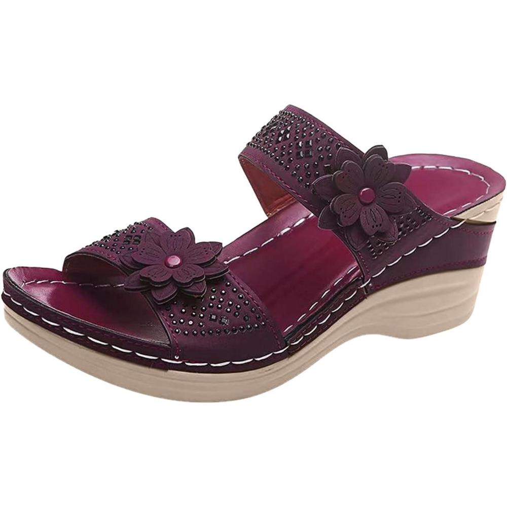 image:imageMules en Cuir pour Femme Sandales Mode Bout Ouvert Compenses Plateforme Pantoufles Premium Orthopdiques Sandales Vintage Chaussons de Plage dt09 Vin