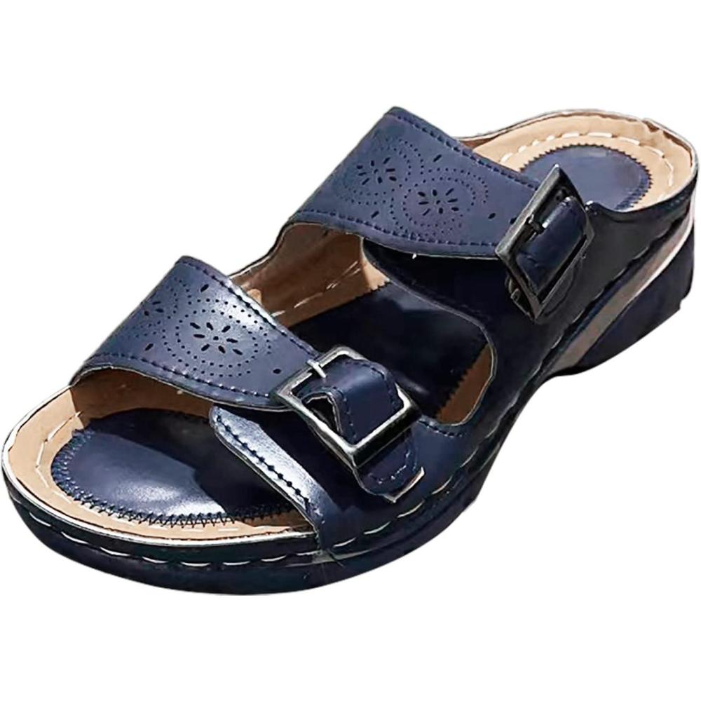 image:imageMules en Cuir pour Femme Sandales Mode Bout Ouvert Compenses Plateforme Pantoufles Premium Orthopdiques Sandales Vintage Chaussons de Plage dt10 Bleu02