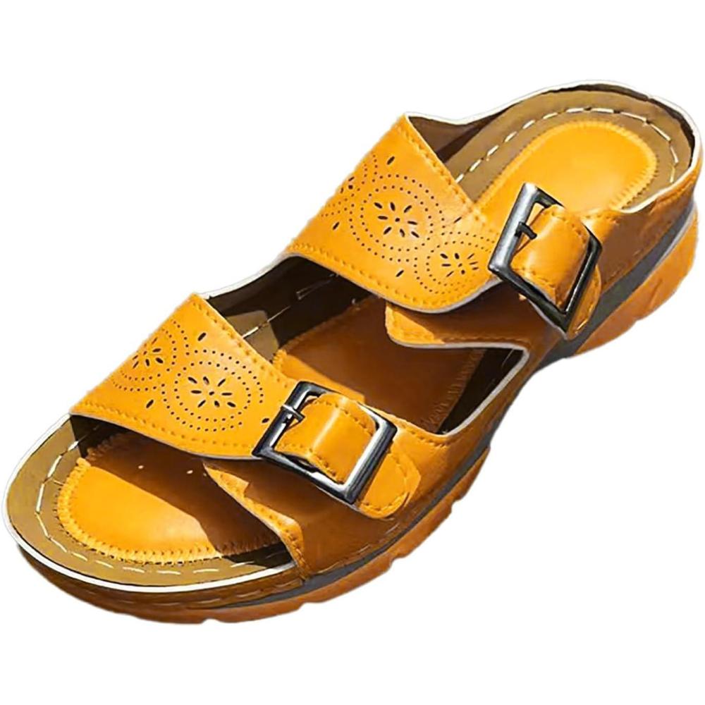 image:imageMules en Cuir pour Femme Sandales Mode Bout Ouvert Compenses Plateforme Pantoufles Premium Orthopdiques Sandales Vintage Chaussons de Plage dt10 Jaune