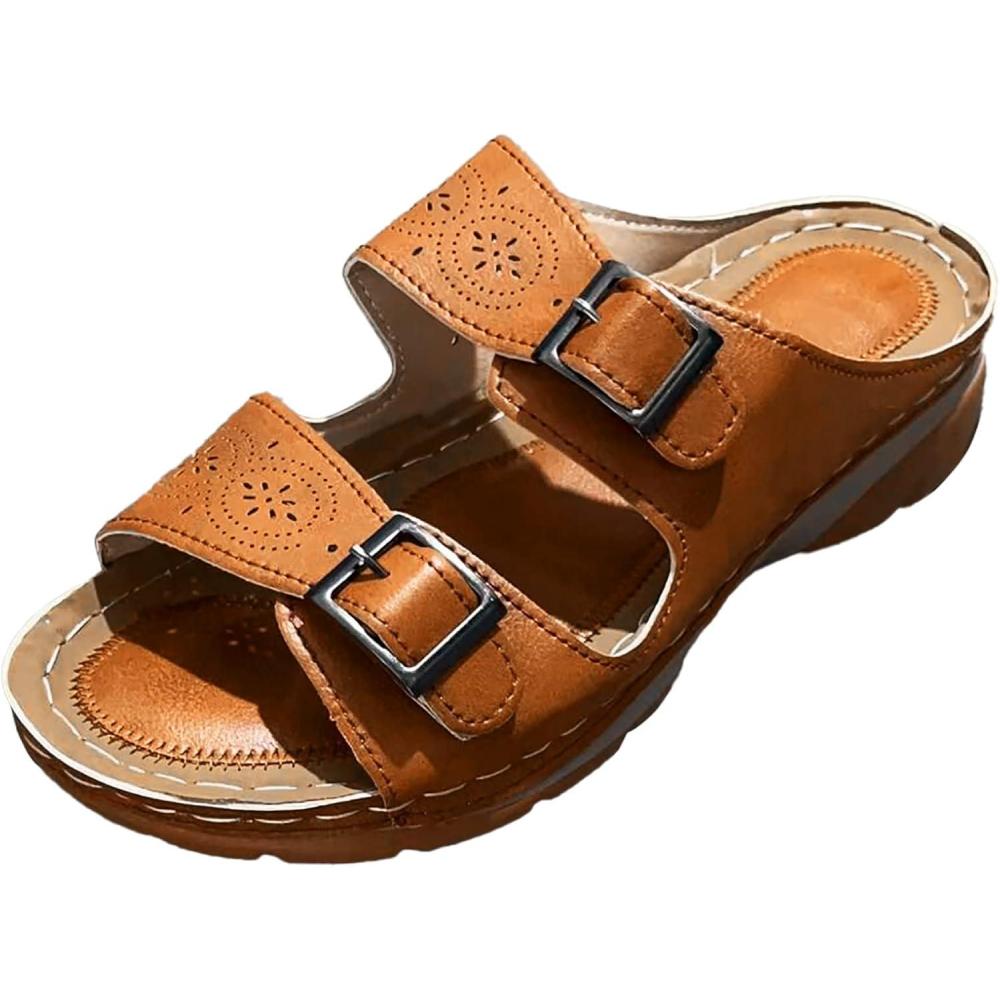 image:imageMules en Cuir pour Femme Sandales Mode Bout Ouvert Compenses Plateforme Pantoufles Premium Orthopdiques Sandales Vintage Chaussons de Plage dt10 Kaki
