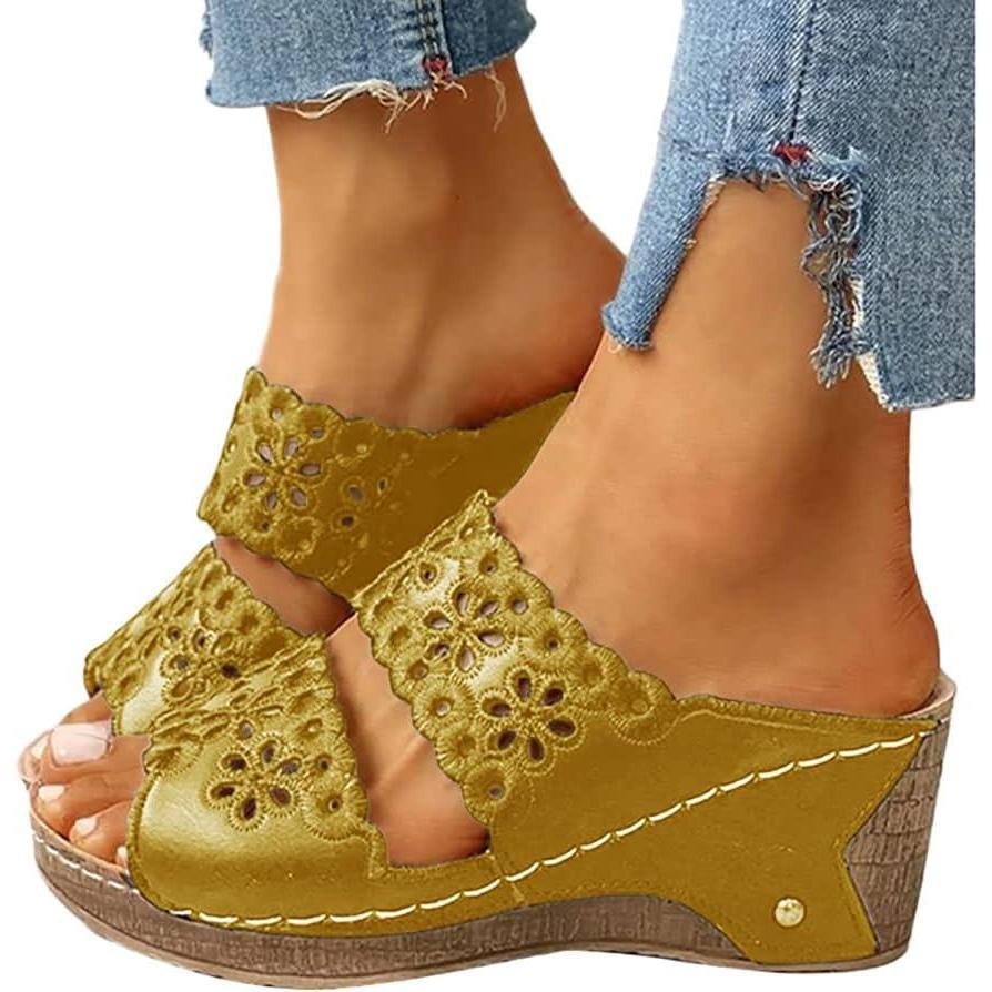 image:imageOnsoyours Sandales Compensees Femme Confortable Mules t Plateforme Bout Ouvert Rome Chaussures Vintage Pantoufles pour Plage Vacances SlippersA Jaune
