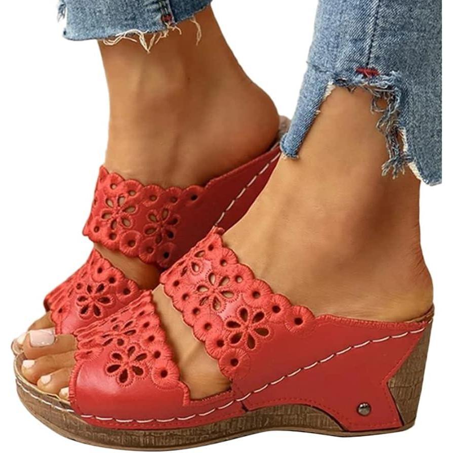 image:imageOnsoyours Sandales Compensees Femme Confortable Mules t Plateforme Bout Ouvert Rome Chaussures Vintage Pantoufles pour Plage Vacances SlippersA Rouge