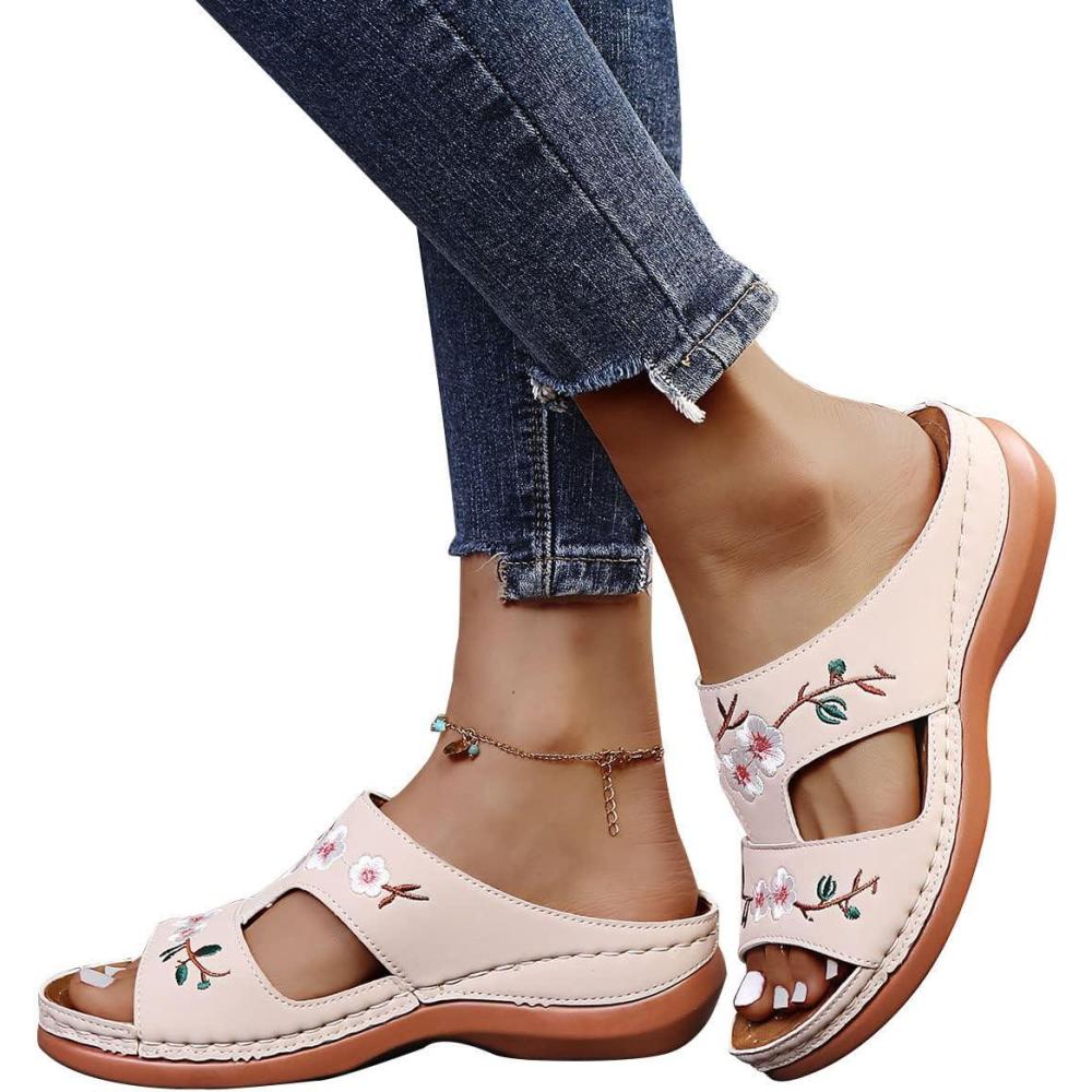 image:imageOnsoyours Sandales Compensees Femme Confortable Mules t Plateforme Bout Ouvert Rome Chaussures Vintage Pantoufles pour Plage Vacances SlippersD Beige