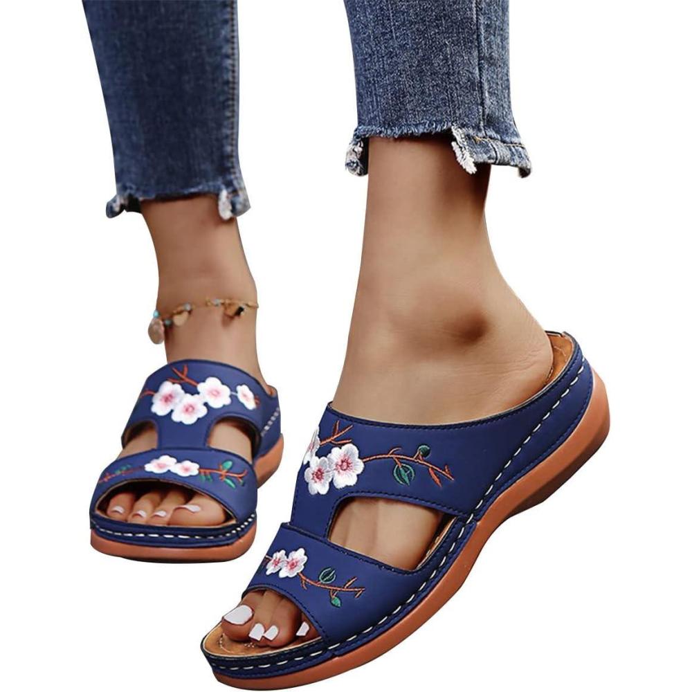 image:imageOnsoyours Sandales Compensees Femme Confortable Mules t Plateforme Bout Ouvert Rome Chaussures Vintage Pantoufles pour Plage Vacances SlippersD Bleu Fonc
