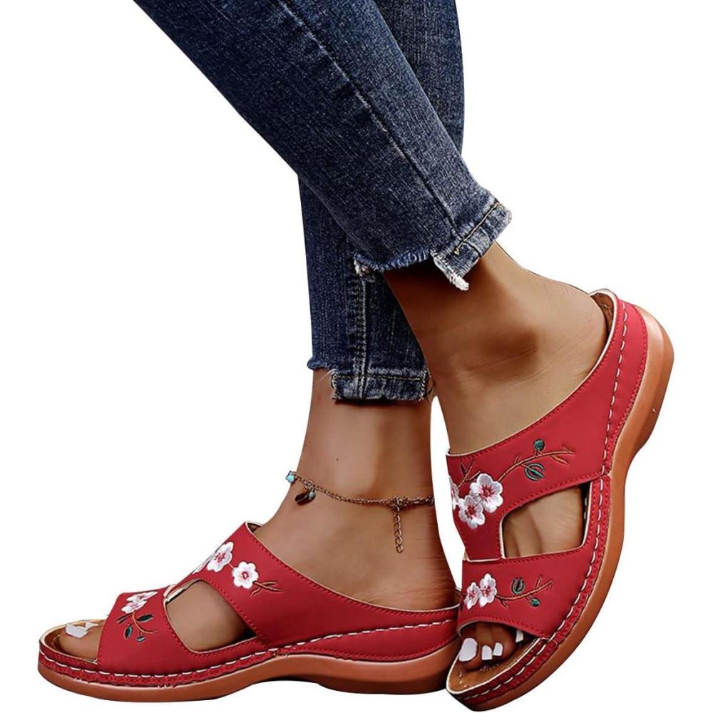 image:imageOnsoyours Sandales Compensees Femme Confortable Mules t Plateforme Bout Ouvert Rome Chaussures Vintage Pantoufles pour Plage Vacances SlippersD Rouge