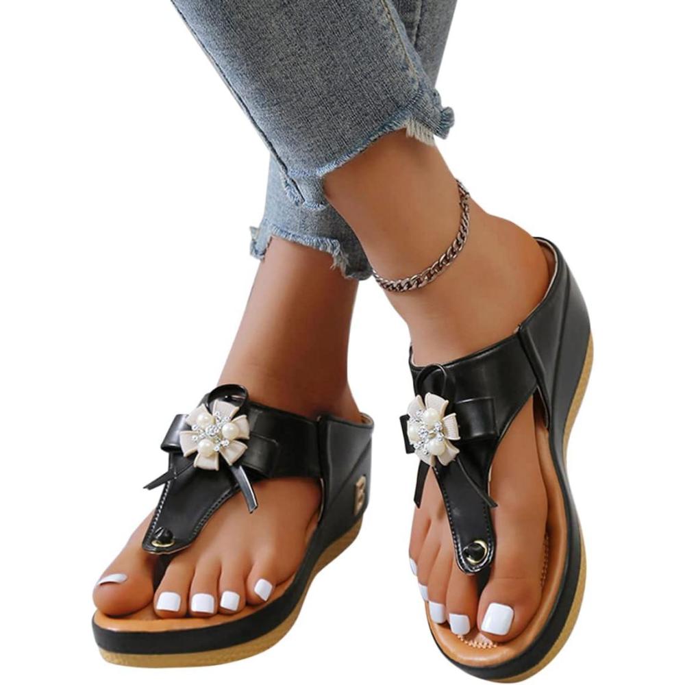 image:imageOnsoyours Sandales Compensees Femme Confortable Mules t Plateforme Bout Ouvert Rome Chaussures Vintage Pantoufles pour Plage Vacances SlippersE Noir
