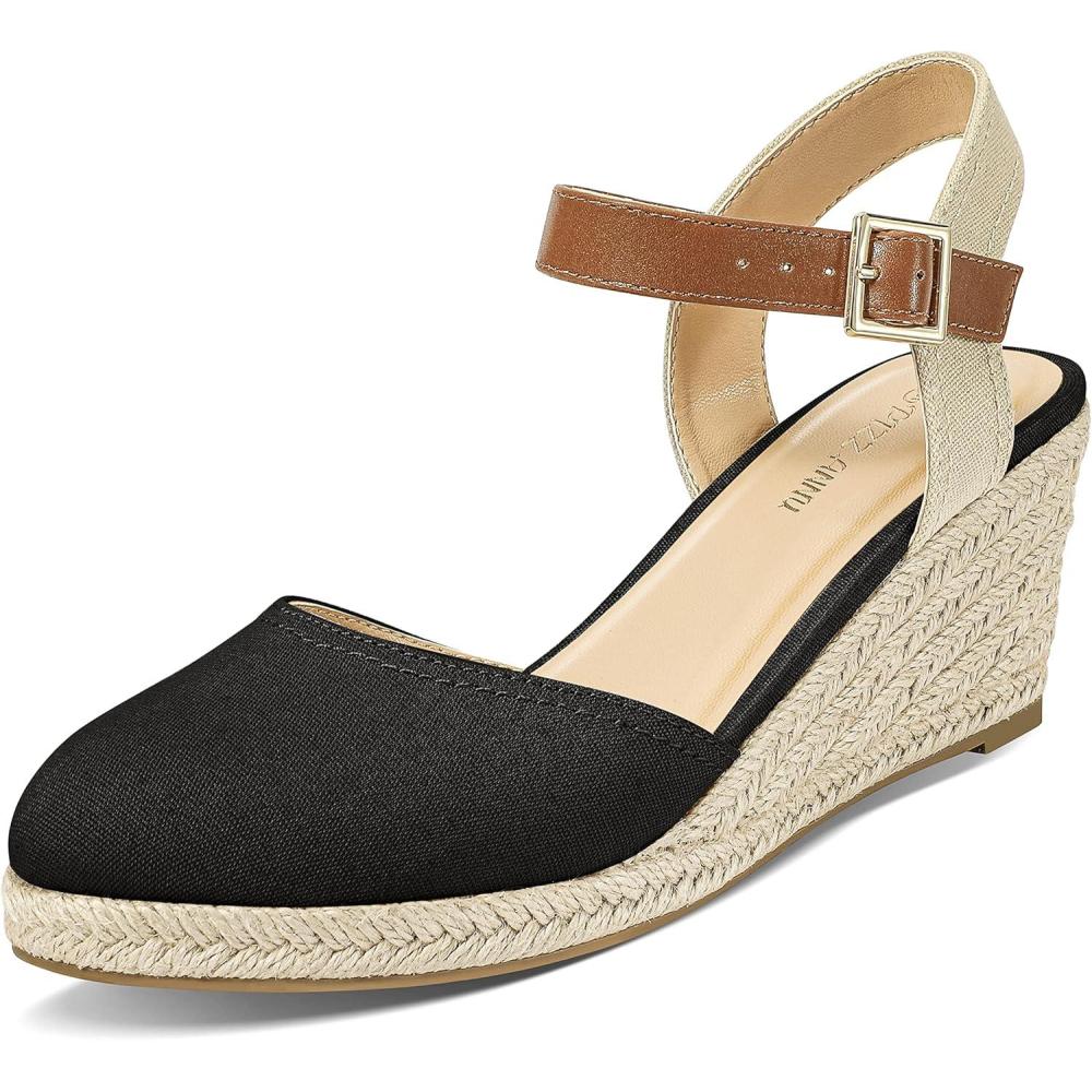 image:imagePIZZ ANNU Sandales Femme t Espadrille Compenses Plateforme Plates Chaussures Bout ferm Confort Bride Cheville Vintage Vacances TalonNoir