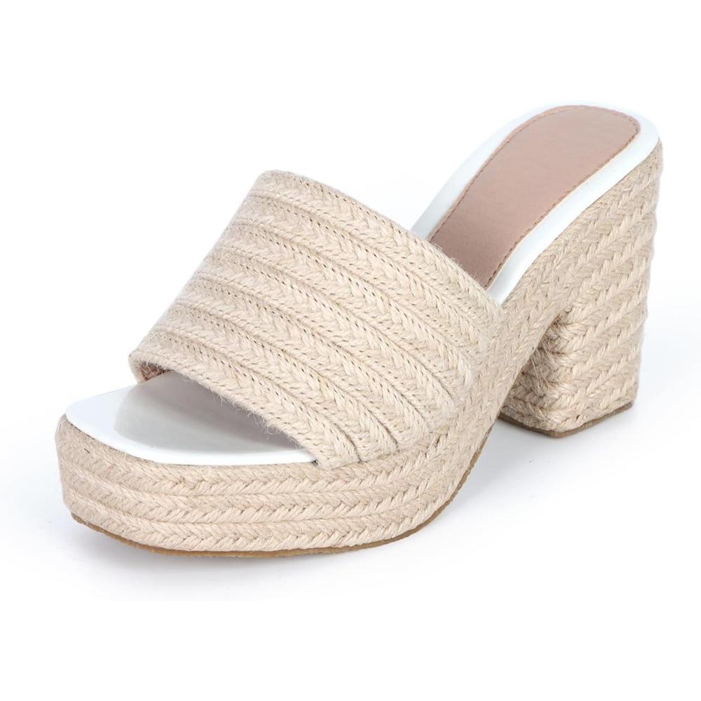 image:imageSandales Femme Plateforme Tresse Mules Talon Compens en Paille Sandales Ouvertes dt avec Semelle paisseAbricot