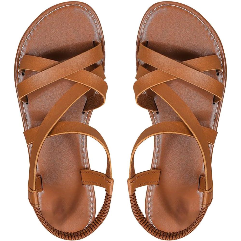 image:imageSandales de marche dt pour femme Lgres Sangle de cheville Sandales plates confortables bout ouvert Sandales respirantes et extensibles Sandales bout ouvert Sandales de plageMarron