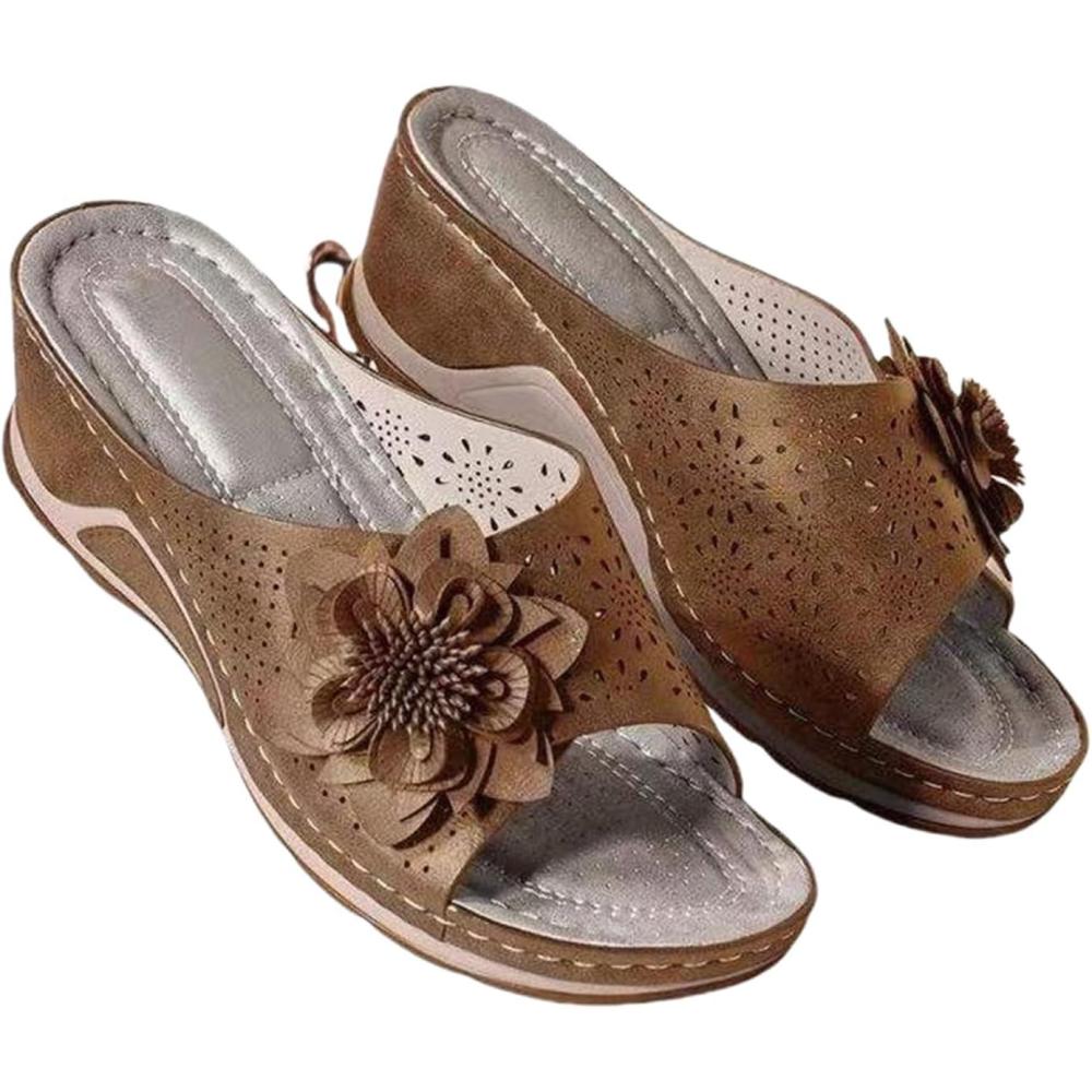 image:imageSandales orthopdiques de soutien de la vote plantaire en cuir souple Sandales compenses en cuir pour femmes pour le confort et llganceMarron