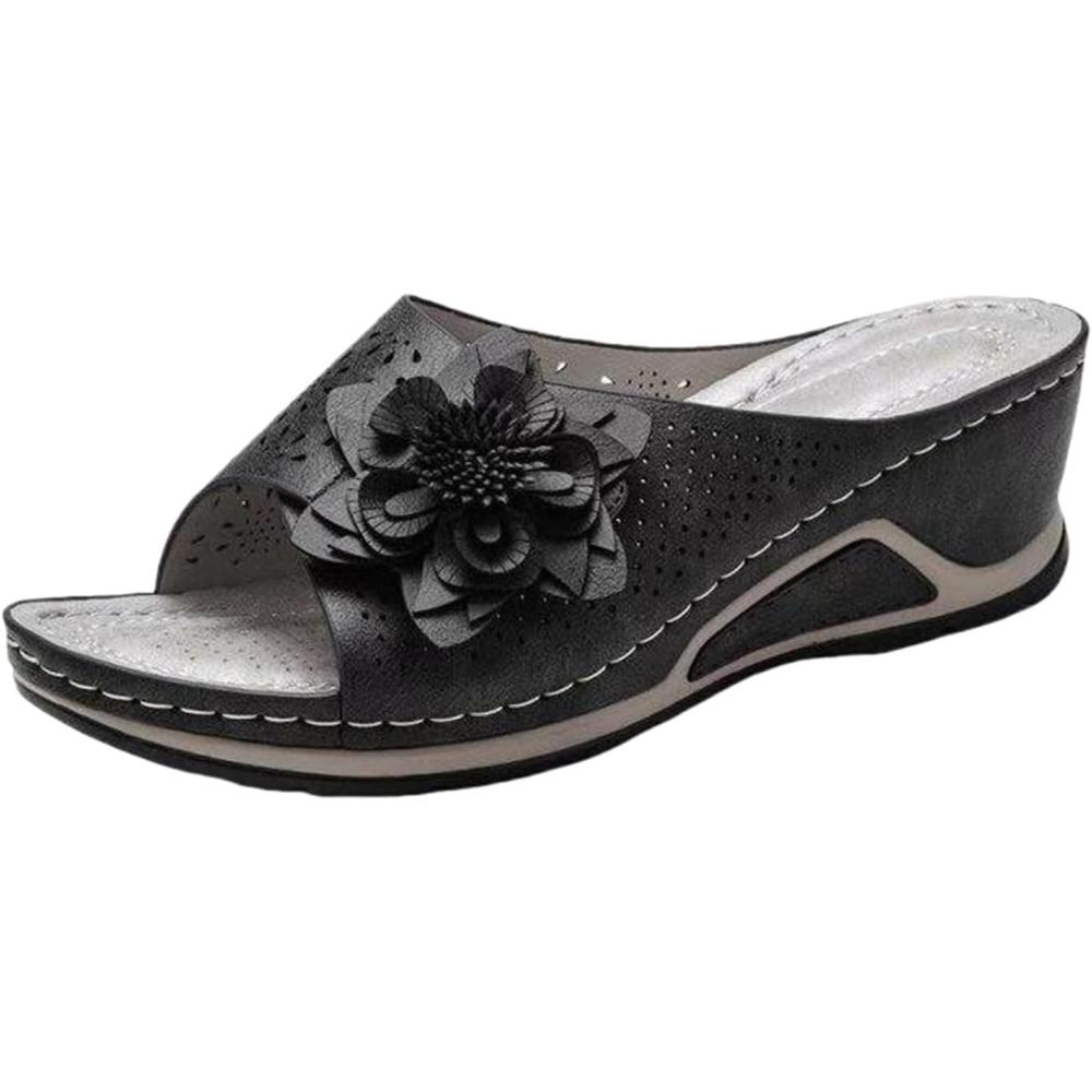 image:imageSandales orthopdiques de soutien de la vote plantaire en cuir souple Sandales compenses en cuir pour femmes pour le confort et llganceNoir