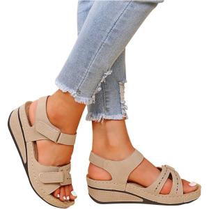2025 Sandales Orthopédique Femmes été Sandales De Marche Femme Confortable Orthopédique Confortables Plateforme Chaussures Antidérapantes Respirantes Bohême Bout Ouvert Sandales avec Talon Bloc(Beige)