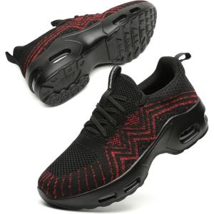 Chaussures de course légères pour femme – En maille respirante – Pour le sport et le tennis en plein air – Chaussures de jogging à coussin d&rsquo;air – Baskets pour femme(Noir Rouge)